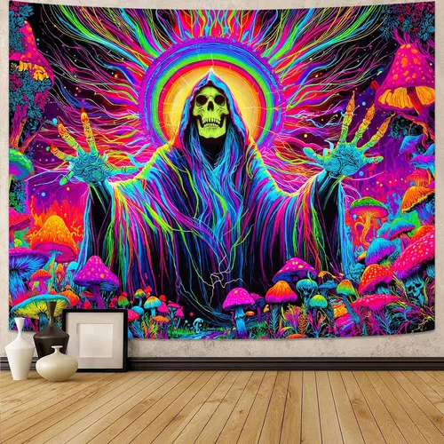 Vista 10 de Spenlife Blacklight - Fantástico tapiz de gato negro, tapiz de pared de gato reactivo que brilla con rayos UV para decoración de habitación, tapiz