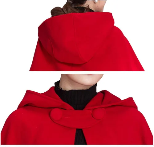 Vista 5 de Yimidear Capa de invierno para mujer, capa roja cálida con capucha de mezcla de lana, chaqueta de poncho
