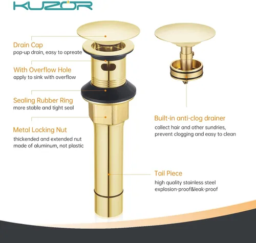 Vista 5 de Desagüe emergente para fregadero de baño con rebosadero - Se ajusta a agujeros de 1-5/8" a 2", acero inoxidable 304 para tocador/fregadero