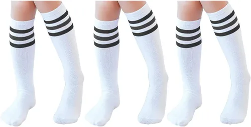 Vista 24 de TOCONFFON Calcetines de tubo hasta la rodilla para niños, niñas y adolescentes, calcetines deportivos de algodón para la escuela de fútbol, uniforme