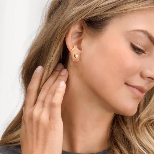 Vista 2 de Aretes de medio aro, aretes de aro pequeños de plata de ley 925 de bola, barra, estrella, luna, corazón, cruz, punto, triángulo, aretes