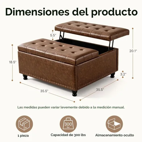 Vista 2 de Tbfit - Otomana cuadrada grande de 35.5 pulgadas con almacenamiento, parte Marrón