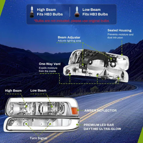 Vista 4 de AUTOSAVER88 Conjunto de faros LED DRL compatible con Chevy Silverado 1500 2500/1500HD 2500HD 3500/2000/2000-2006 Tahoe/Suburban 1999-2002, carcasa