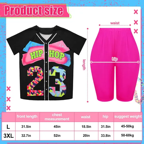 Vista 2 de Xtinmee Traje de los años 8090 para mujer, kit de disfraz de hip hop, disfraz de los años 90, camiseta de béisbol, camisa de manga corta, pantalones