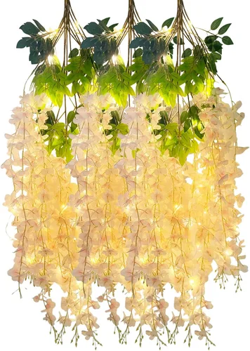 Vista 22 de Paquete de 5 guirnaldas de flores colgantes de glicina rosa, enredaderas de flores artificiales de 3.77 pies, glicinia falsa, guirnalda colgante