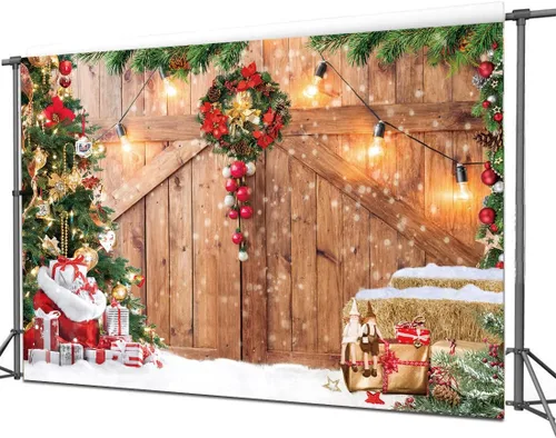 Vista 3 de Fondo de fotografía para puerta de madera de granero de Navidad de 7 x 5 pies, árbol de Navidad, regalo de nieve, fondo de fotos para fiestas de Año