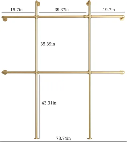 Vista 8 de Perchero de ropa de tubería dorado montado en la pared, percheros industriales con 6 varillas para colgar, estantes de ropa resistentes