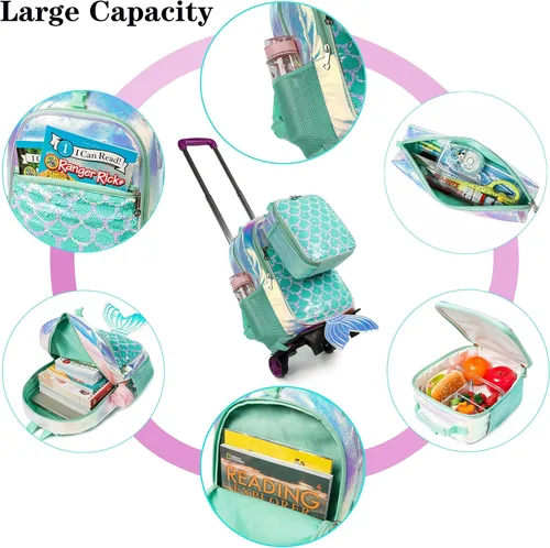 Vista 5 de Meetbelify Mochila con ruedas para niñas de 6 a 8 años, Mochila con ruedas de sirena de 3 piezas, Mochila