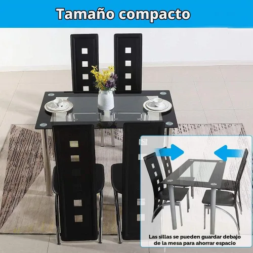 Vista 4 de Juego de mesa de comedor de 5 piezas, moderno juego de mesa de comedor negro para 4, mesa de comedor de cocina de vidrio templado con 4 sillas