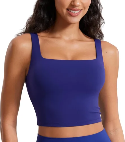 Vista 17 de CRZ YOGA Butterluxe Square Neck Crop Tank Top Brasier integrado, soporte ligero, almohadillas extraíbles, yoga, extremadamente suave, tirantes