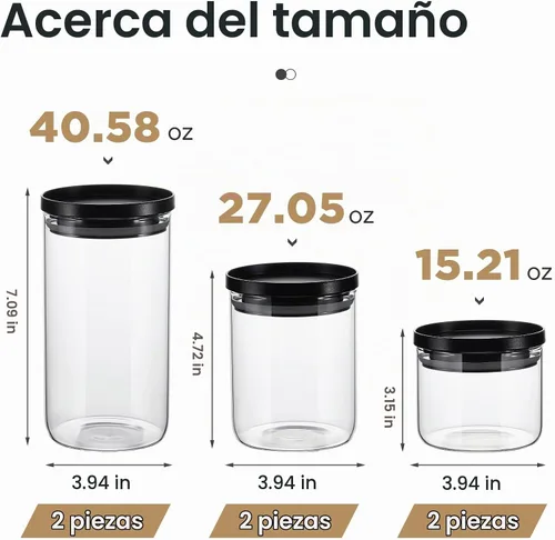 Vista 2 de Rtteri 6 tarros de vidrio con tapas negras de 15 onzas, 27 onzas, 41 onzas, con tapas herméticas negras, recipientes apilables de vidrio