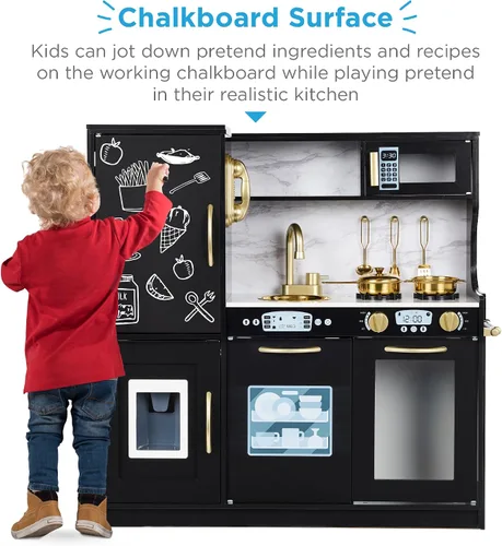 Vista 2 de Best Choice Products - Juego de cocina de madera para niños, juego de cocina con fregadero, horno, microondas, refrigerador, máquina de hielo y Negro