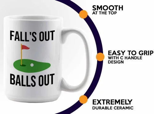 Vista 4 de Taza de café de golf de 15 onzas, color blanco, Fll's Out Ball's Out, campo de golf, juego de Birdie Putt, club de golf, carrito de juego Outoor