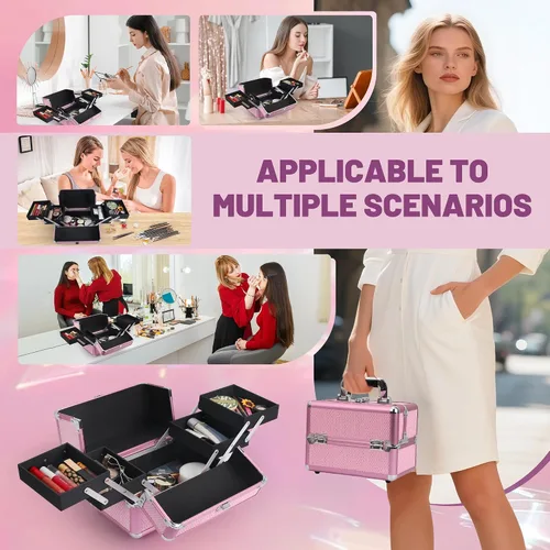 Vista 7 de Estuche de tren de maquillaje, estuche organizador de cosméticos, caja de maquillaje portátil, estuche de viaje para artistas de maquillaje con 4