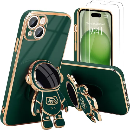 Vista 23 de Pepmune - Funda para iPhone 15 con soporte de astronauta 3D, color negro [2 Screen Protector], Luxury Electroplated Soft TPU Cover with Kickstand