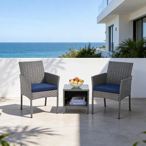 Vista 13 de 3 Piece Patio Furniture Set, Black Wicker Chairs with Blue Cushions Blue/Black