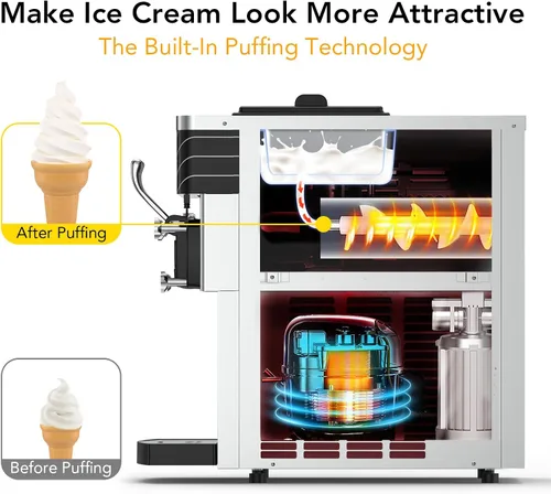 Vista 3 de 3 Head Commercial Soft Serve Ice Cream Machine, Countertop with Auto Clean Function & Night Pre-Cooling, Touch LCD Panel, 5.8-7.9 Gal/Hour High
