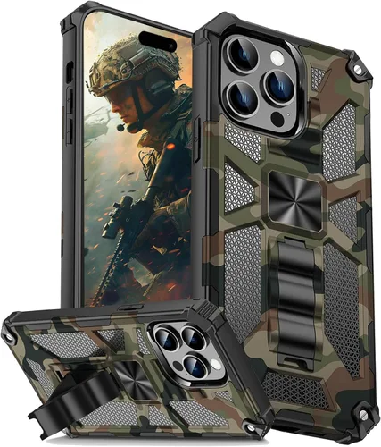 Vista 23 de CCSmall Funda de camuflaje para Apple iPhone 14 para hombres, protección resistente a prueba de golpes con función atril para iPhone 14 MC verde