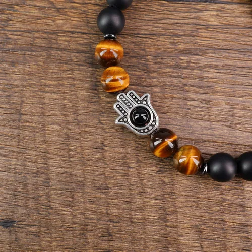 Vista 5 de Pulsera Hamsa con cuentas de piedra de tigre de ónix