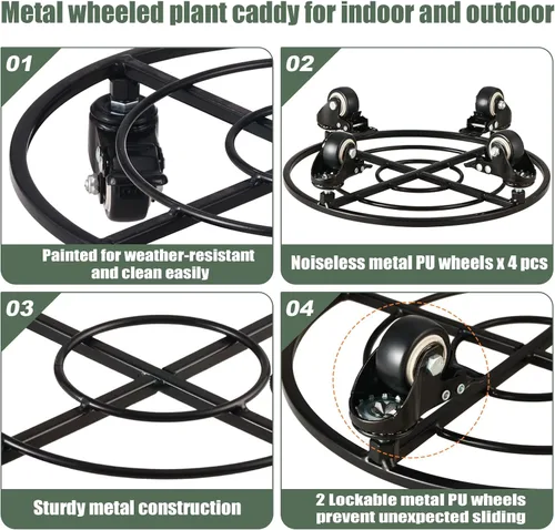 Vista 2 de Paquete de 2 organizadores grandes de metal para plantas con ruedas de 13.6 pulgadas, soportes rodantes para plantas de hierro forjado, rodillos