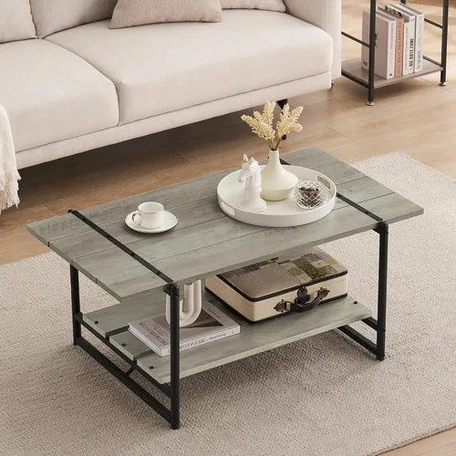 Vista 7 de Mesa auxiliar para sala de estar, mesas de sala de estar de 2 niveles, mesa de centro moderna para sala de estar, mesa de centro de madera de granja