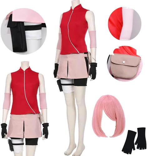 Vista 8 de Vasfarok Disfraz de Haruno Sakura, vestido de cosplay de Haruno, peluca de uniforme rojo para Halloween para mujer