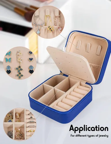 Vista 4 de FireKylin Estuche de joyería de viaje, pequeño organizador de joyas, caja de joyería de viaje, mini estuche de viaje para joyería (azul)