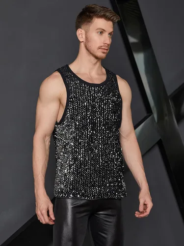 Vista 3 de WDIRARA Camiseta sin mangas con cuello redondo y lentejuelas para hombre