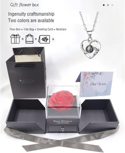 Vista 3 de Zbrand Valentine Natural Preserved Rose Jewelry Box with Surprise 100 Languages I Love you Necklace Eteternal Unfade Flowers Jewelry Storage Case