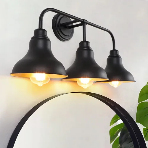 Vista 8 de Lámparas de tocador de baño de granja de 25 pulgadas, lámparas de baño de 3 luces sobre espejo, apliques rústicos de pared con pantalla de metal