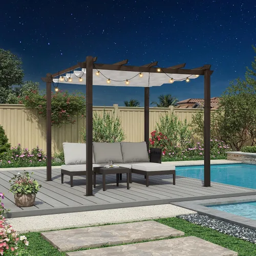 Vista 16 de PURPLE LEAF Pérgola de 10 x 12 pies con toldo retráctil, pérgola cuadrada de bronce de aluminio para patio al aire libre, junto a la piscina, beige