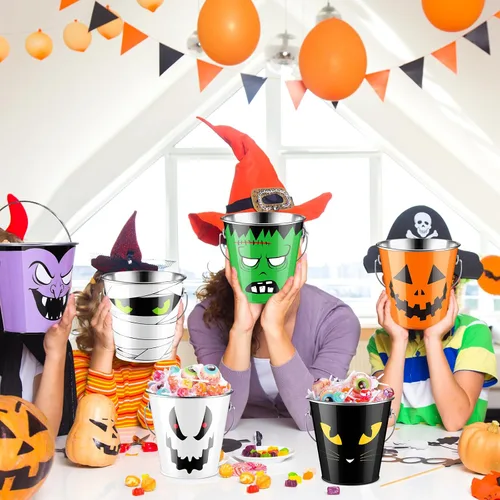 Vista 4 de Tioncy 6 cubos de calabaza de Halloween a granel de metal para trucos o golosinas, cubo de recuerdos de fiesta con asa, cubo pequeño de calabaza