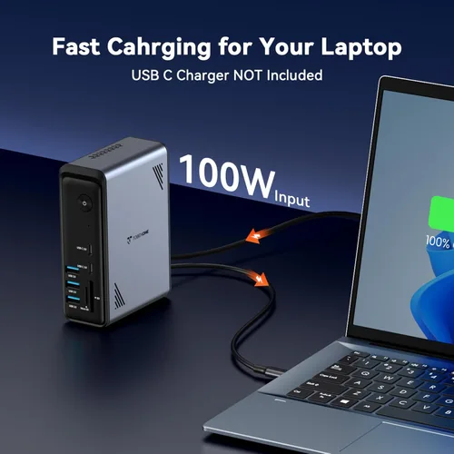 Vista 6 de TobenONE Estación de acoplamiento para laptop 18 en 1, 3 monitores, pantalla triple 4K con 3 HDMI, 9 puertos USB, Gigabit Ethernet, PD3.0