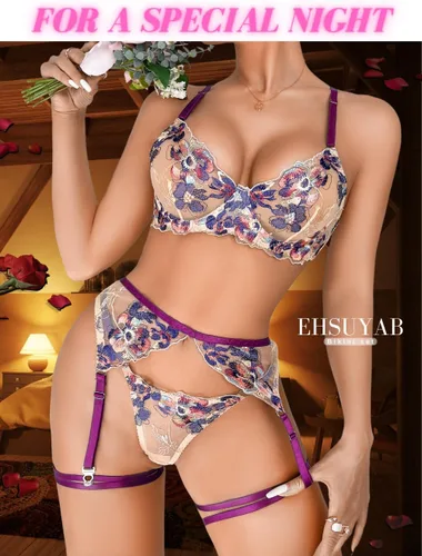 Vista 5 de EHSUYAB Lencería elegante para mujer, bordado colorido, 4 piezas liguero Boudoir