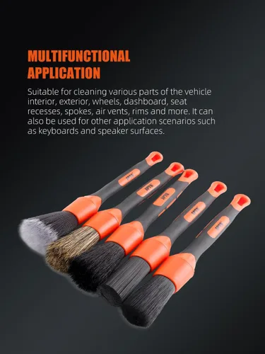 Vista 5 de SPTA juego de cepillos para detalle de coche, pack de 5 cepillos suaves de pelo de jabalí con codo para limpieza automotriz elegante de superficies