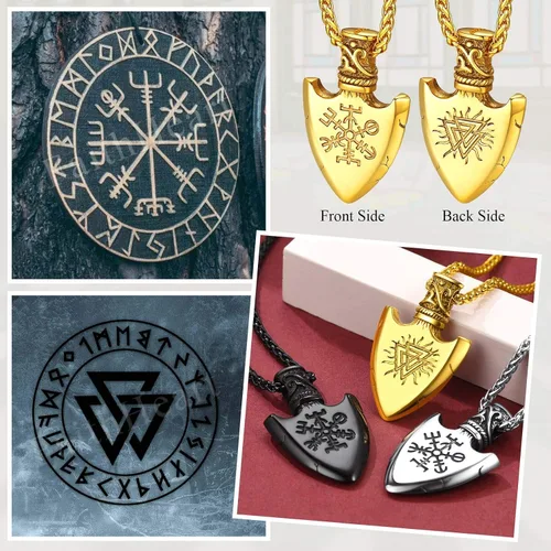 Vista 9 de FaithHeart Collar con colgante de runas vikingas nórdicas, martillo de Thor, brújula nórdica, Odín, cuervo, para hombres y mujeres, con embalaje