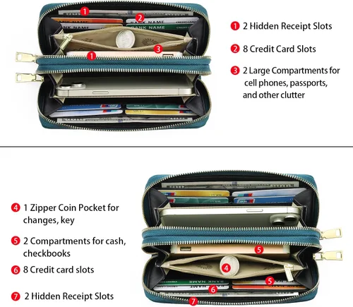 Vista 3 de GOIACII Cartera de mujer de gran capacidad con doble cremallera para mujer, soporte para teléfono con bloqueo RFID, correa de cuero, A02 Verde