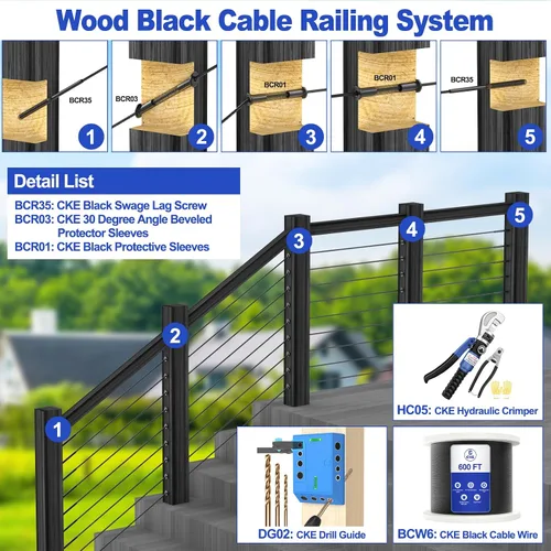 Vista 6 de CKE Paquete de 50 fundas protectoras de acero inoxidable negras T316 para sistema de barandilla de cubierta de cables de 1/8 pulgadas, funda
