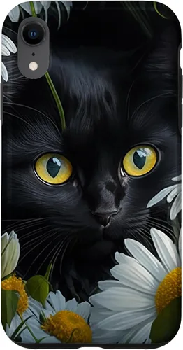 Vista 24 de iPhone 16 Black Cat with Daisies – Enchanting Floral Design Case