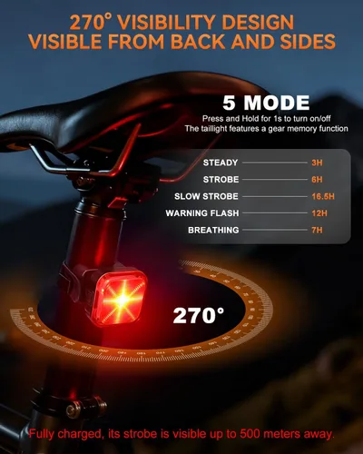 Vista 6 de Luces de bicicleta 2026 para conducción nocturna, luces de bicicleta recargables de 5000 mAh delanteras y traseras, 11+5 modos de juego de faros