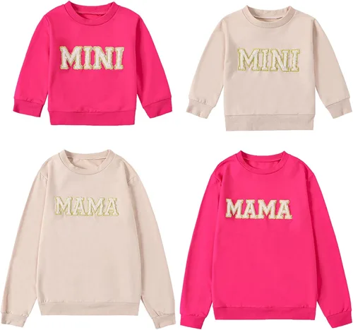 Vista 6 de Mtsebmves Mommy and Me Conjuntos a juego Sudadera de manga larga para la familia, trajes a juego sin botones, Rojo rosa