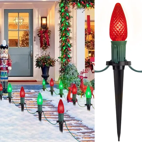 Vista 18 de Tira de luces LED estilo sendero de Navidad para exteriores; tira de 20 luces LED C9 con carcasa de fresa y estaca, interconectables, luz cálida