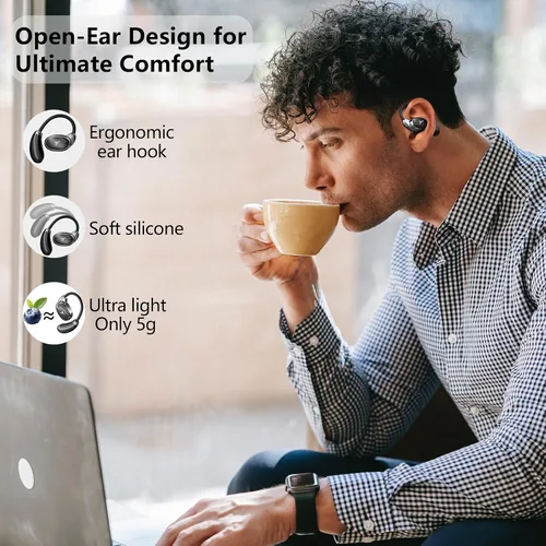 Vista 5 de Auriculares de oído abierto verdaderamente inalámbricos, hasta 32 horas de reproducción, Bluetooth 5.4, auriculares de oreja abierta ultra cómodos