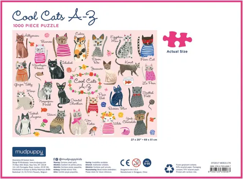 Vista 3 de Galison, Puzzle Cool Cats A-Z 1000 Pieza Illustrated Art by Carolyn Gavin, Cat Lover Gift, Pets, Animal, Challenging, Recycled Paper, No Dust