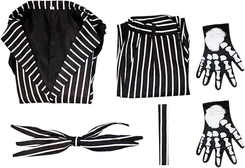Vista 4 de Disfraz de Jack para adultos, chaqueta Skellington de esqueleto y vestido de Pesadilla antes de Navidad, trajes de cosplay para hombres y mujeres