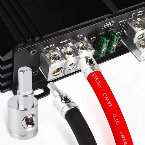 Vista 5 de 2 piezas de reductor de cable de audio de estéreo de coche resistente - calibre 0 a calibre 4 para entrada de amplificador, conexión de pin AWG