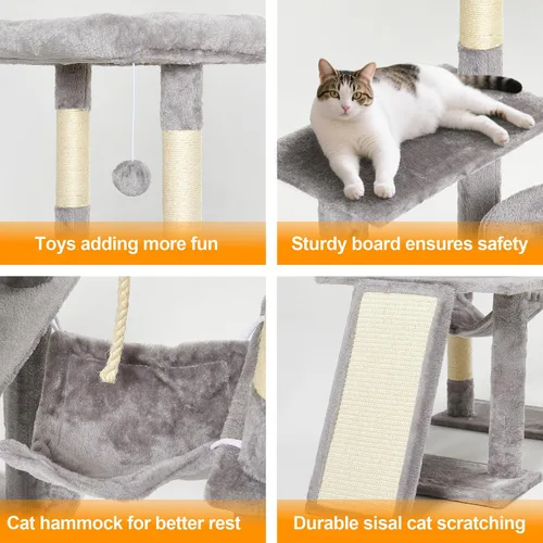 Vista 3 de Árbol grande para gatos, torre para gatos de varios niveles de 65 pulgadas de alto con postes rascadores cubiertos de sisal, condominio, hamaca