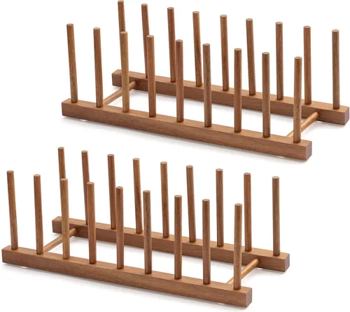 Vista 19 de HBlife - Escurreplatos de madera de acacia con organizador de tapa de olla y plato para gabinete, soporte de tabla de cortar, esculpidor