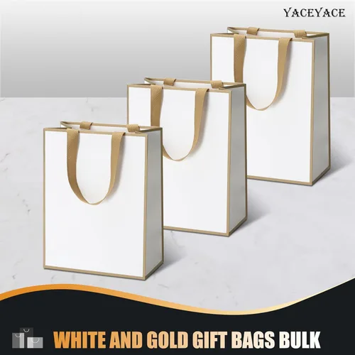 Vista 6 de Bolsas de regalo blancas con marco dorado, 20 unidades, 8 x 4.25 x 10.5 pulgadas, medianas y blancas y doradas, elegantes bolsas de regalo de lujo