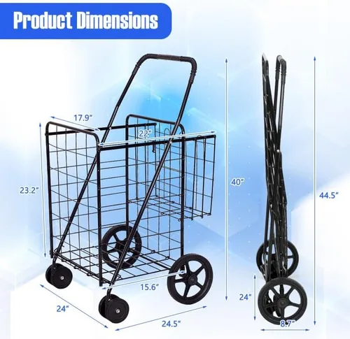 Vista 2 de Carrito de compras plegable, carrito utilitario resistente con ruedas giratorias y cesta doble, carrito de comestibles para comestibles, lavandería